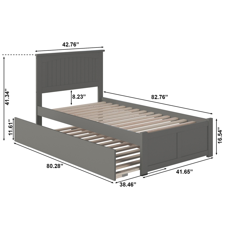 Nantucket Twin XL Wood Platform Bed with Footboard and Twin XL Trundle in Grey