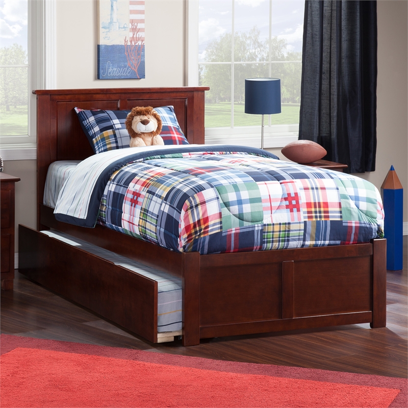 Madison Twin XL Wood Platform Bed with Footboard and Twin XL Trundle in Walnut