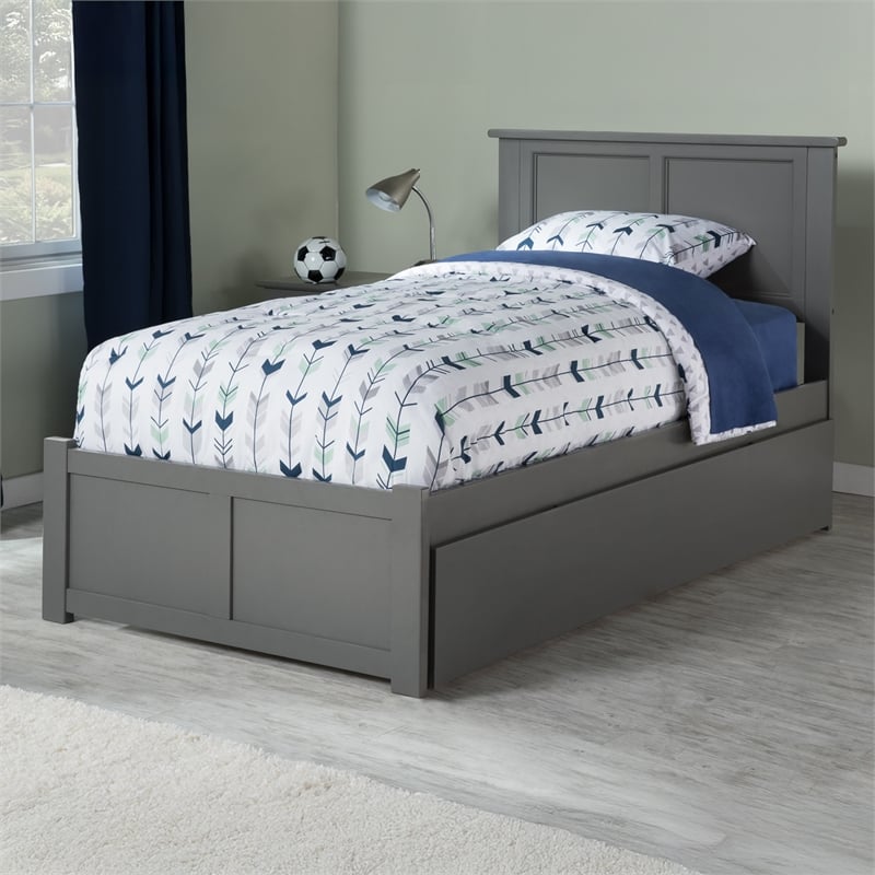 Madison Twin XL Wood Platform Bed with Footboard and Twin XL Trundle in Grey