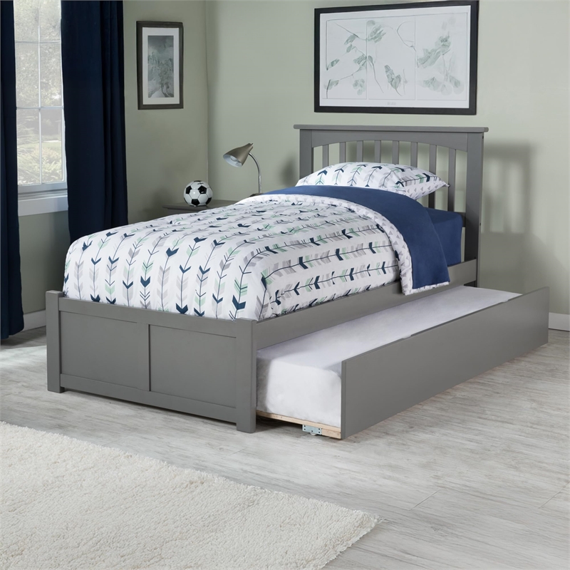 Mission Twin XL Wood Platform Bed with Footboard and Twin XL Trundle in Grey