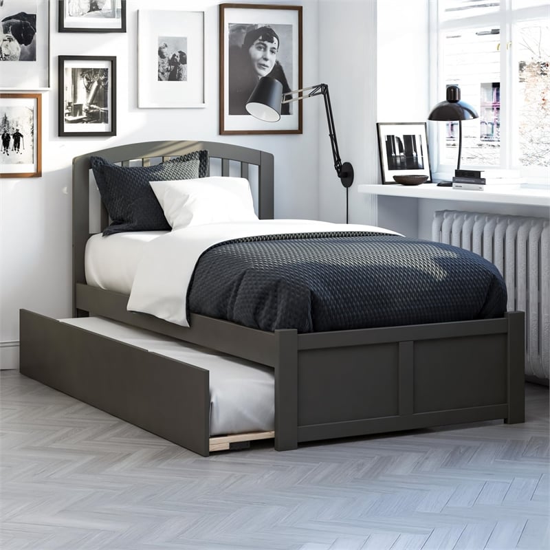 Richmond Twin XL Wood Platform Bed with Footboard & Trundle in Grey