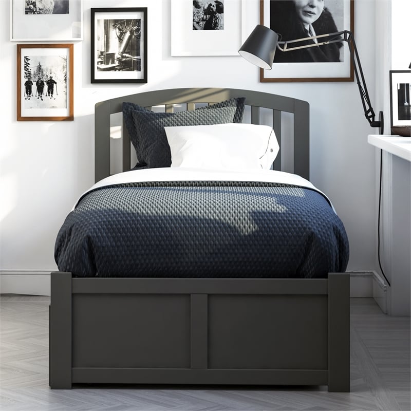 Richmond Twin XL Wood Platform Bed with Footboard & Trundle in Grey