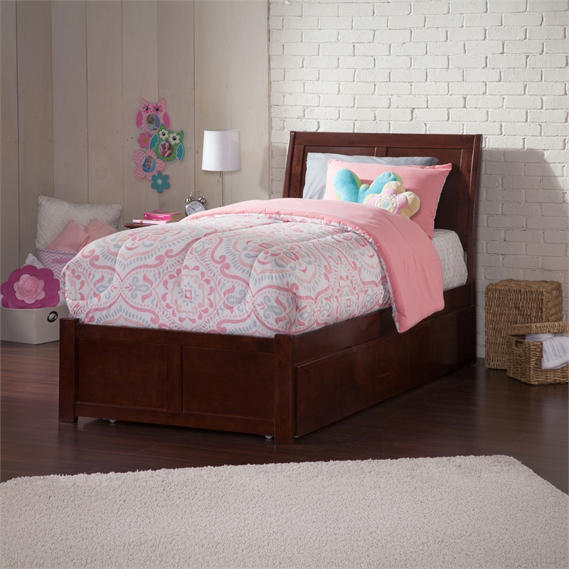 Portland Twin XL Wood Platform Bed with Footboard & Twin XL Trundle in Walnut