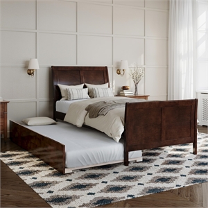 Portland Twin XL Wood Platform Bed with Matching Footboard & Trundle in Walnut