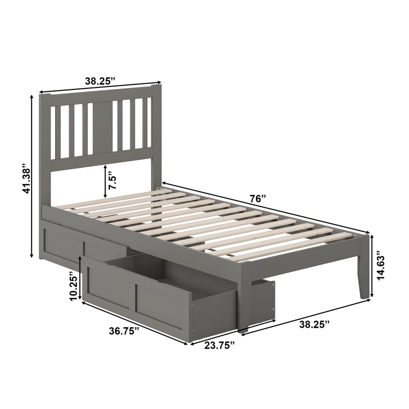 AFI Tahoe Twin Solid Wood Platform Bed with 2 Drawers in Grey