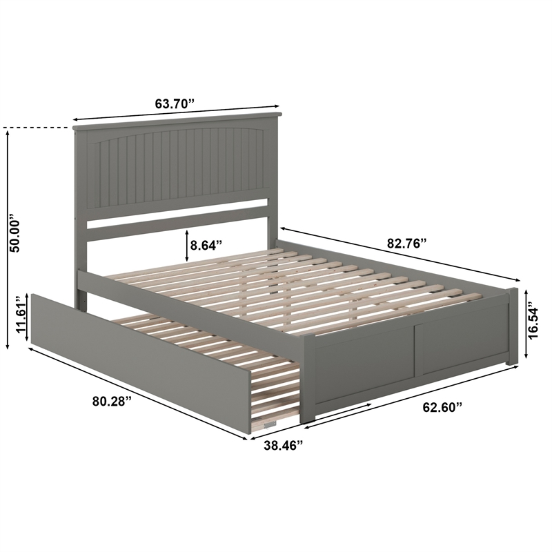 Nantucket Queen Wood Platform Bed with Footboard and Twin XL Trundle in Grey