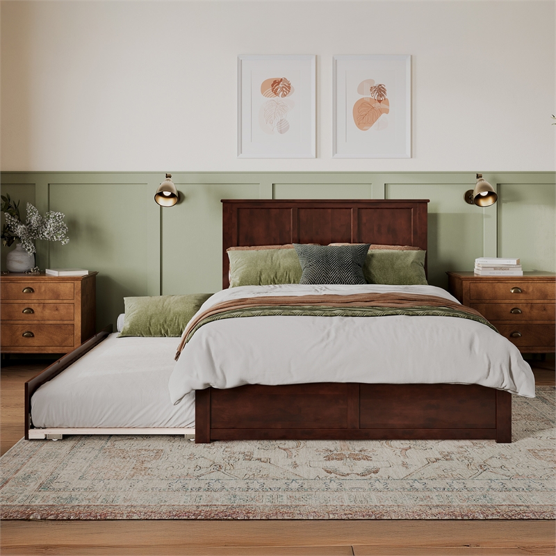 Madison Queen Wood Platform Bed with Footboard and Twin XL Trundle in Walnut
