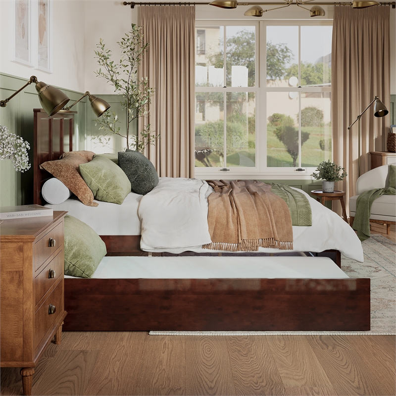 Madison Queen Wood Platform Bed with Footboard and Twin XL Trundle in Walnut