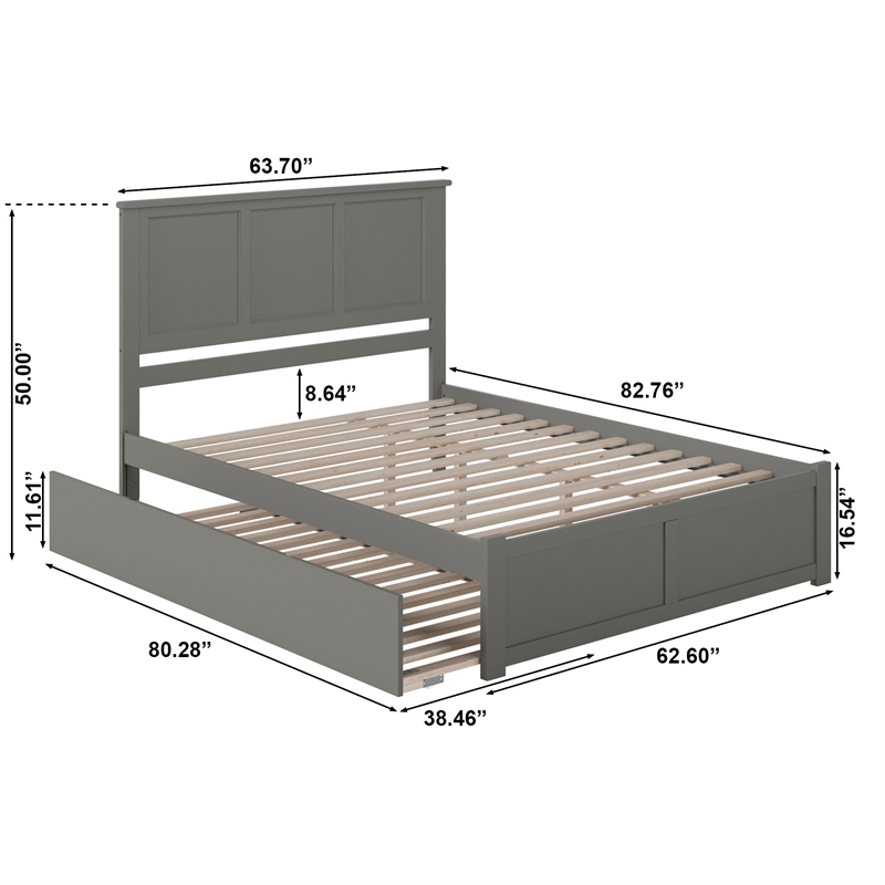 Madison Queen Wood Platform Bed with Footboard and Twin XL Trundle in Grey