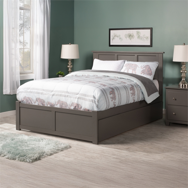 Madison Queen Wood Platform Bed with Footboard and Twin XL Trundle in Grey