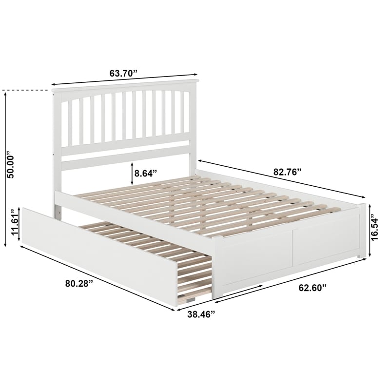 Mission Queen Wood Platform Bed with Footboard and Twin XL Trundle in White