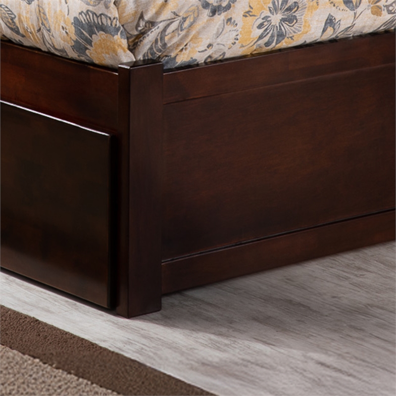 Mission Queen Wood Platform Bed with Footboard and Twin XL Trundle in Walnut