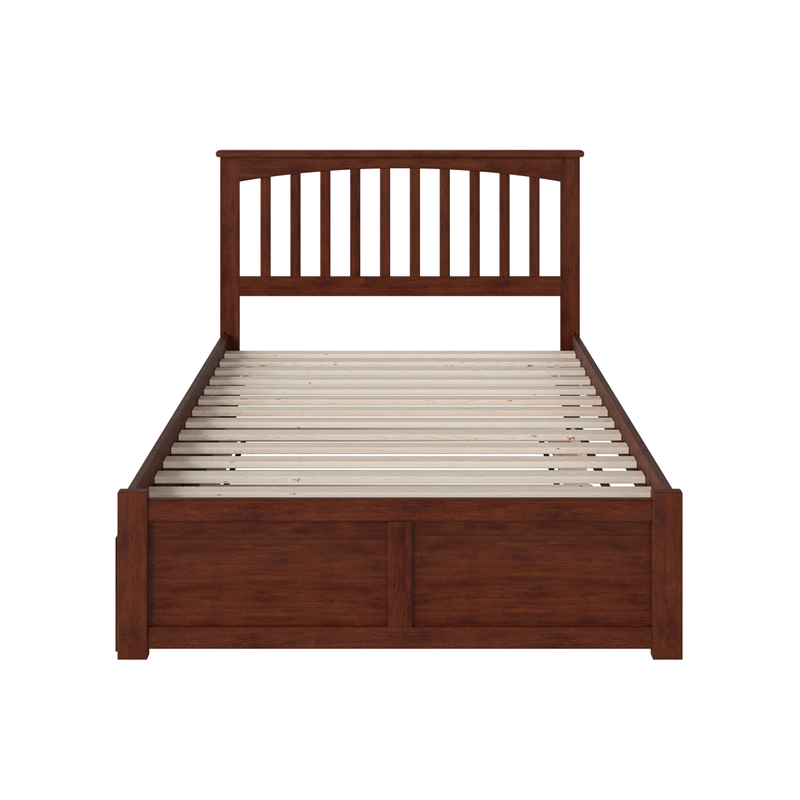 Mission Queen Wood Platform Bed with Footboard and Twin XL Trundle in Walnut