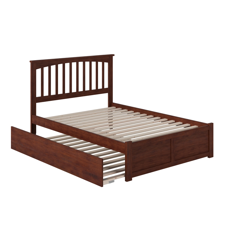 Mission Queen Wood Platform Bed with Footboard and Twin XL Trundle in Walnut