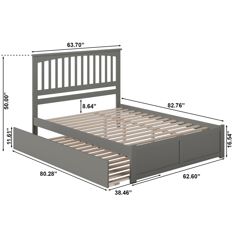 Mission Queen Wood Platform Bed with Footboard and Twin XL Trundle in Grey