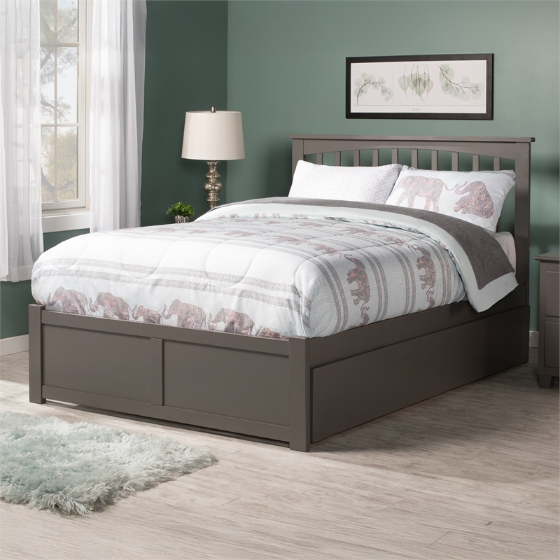Mission Queen Wood Platform Bed with Footboard and Twin XL Trundle in Grey