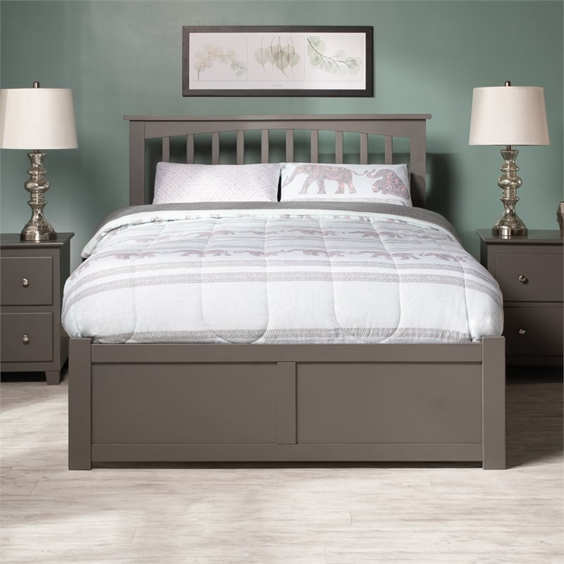 Mission Queen Wood Platform Bed with Footboard and Twin XL Trundle in Grey