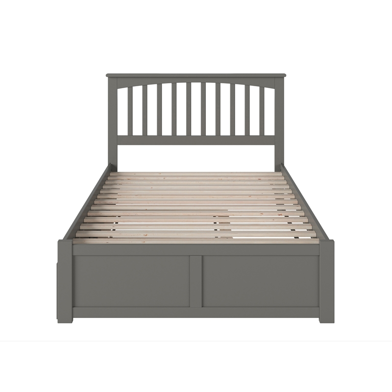 Mission Queen Wood Platform Bed with Footboard and Twin XL Trundle in Grey