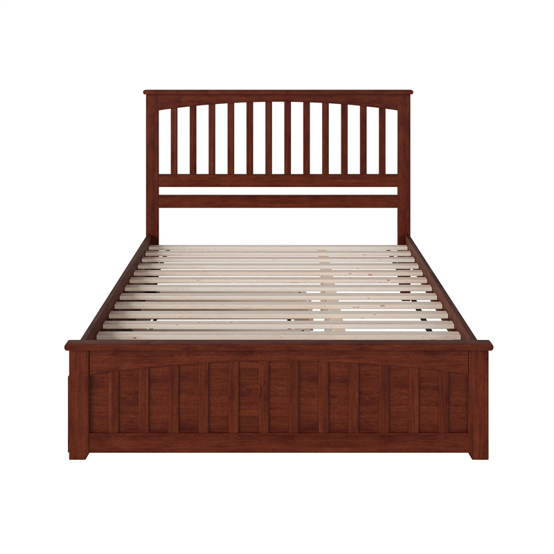 Mission Queen Platform Bed with Matching Footboard & Twin XL Trundle in Walnut