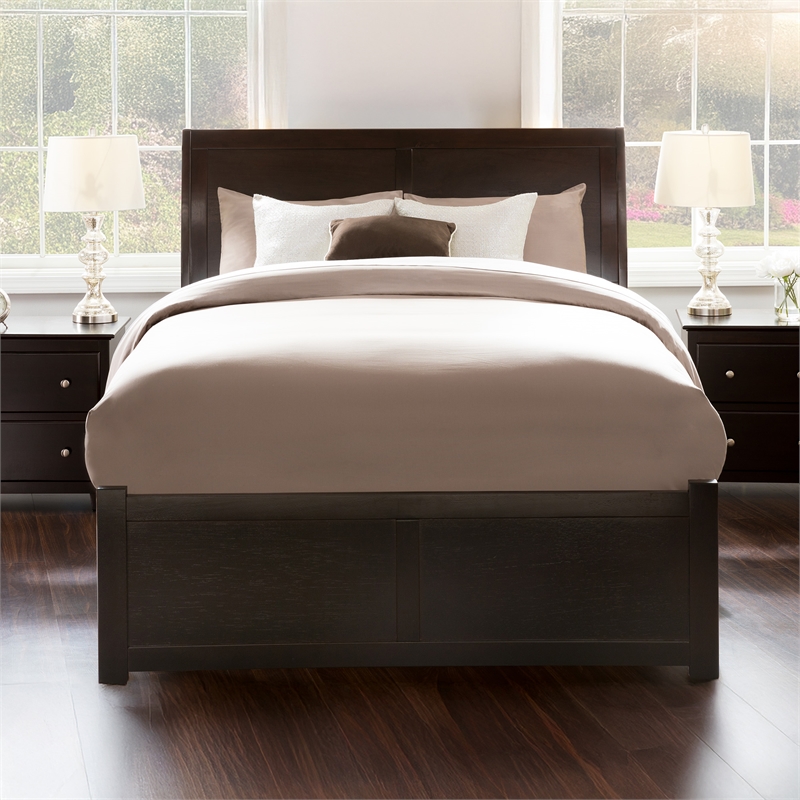 Portland Queen Wood Platform Bed with Footboard and Twin XL Trundle in Espresso