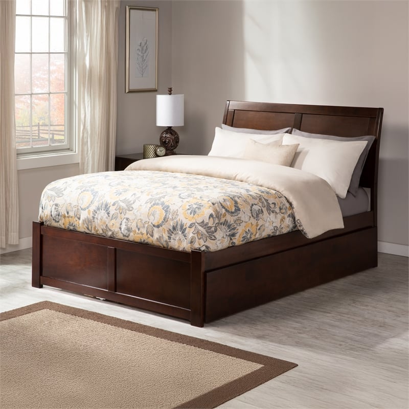 Portland Queen Wood Platform Bed with Footboard & Twin XL Trundle in Walnut