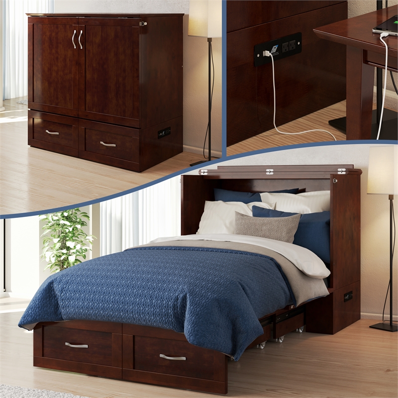 AFI Hamilton Twin XL Solid Wood Murphy Bed Chest with Built-In Charger in Walnut