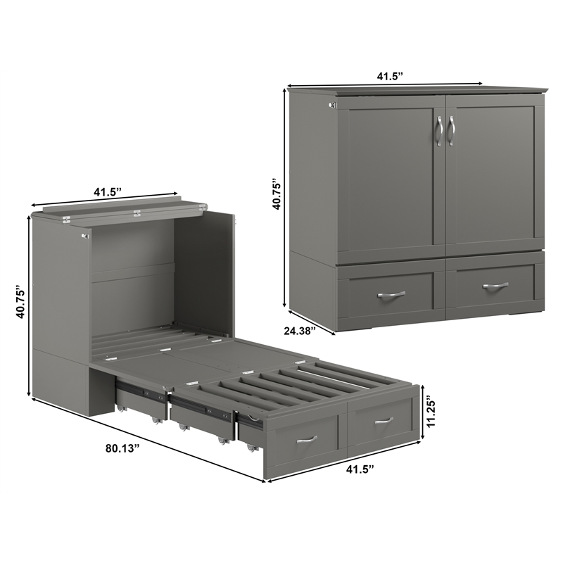 AFI Hamilton Twin XL Solid Wood Murphy Bed Chest with Built-In Charger in Gray