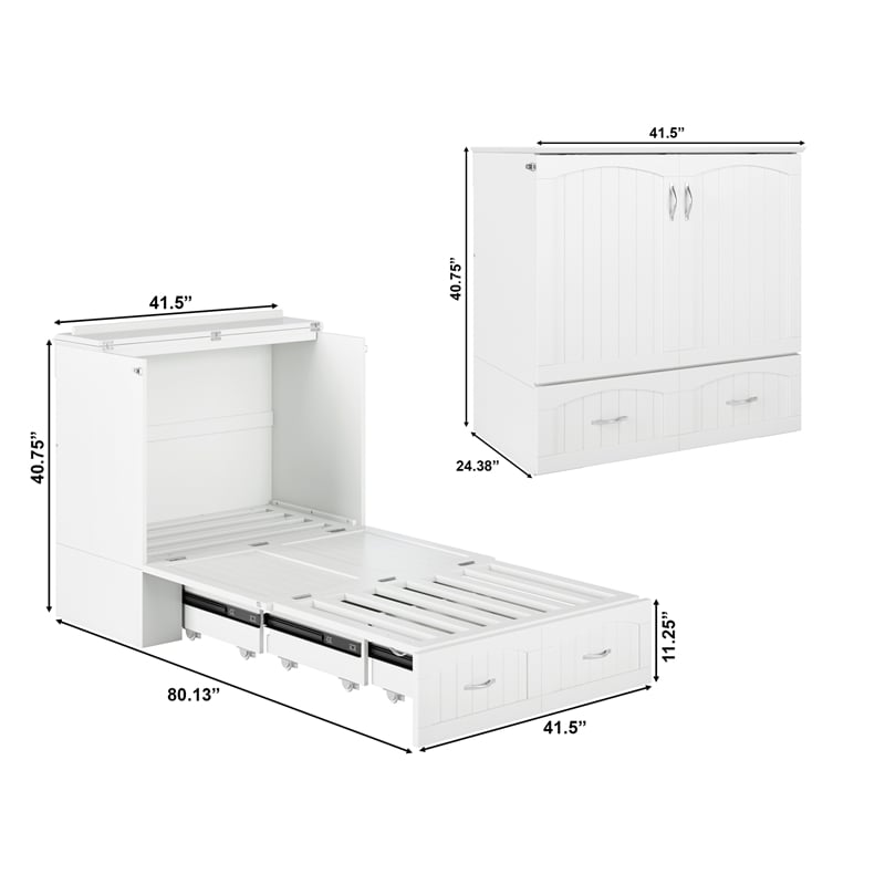 Southampton Twin XL Wood Murphy Bed Chest w Mattress & Built-in Charger in White