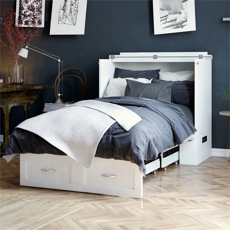 Southampton Twin XL Wood Murphy Bed Chest w Mattress & Built-in Charger in White