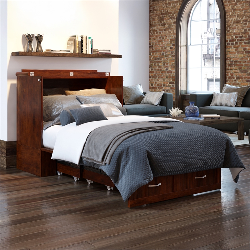 Southampton Twin XL Wood Murphy Bed Chest w Mattress and Built-in Charger Walnut