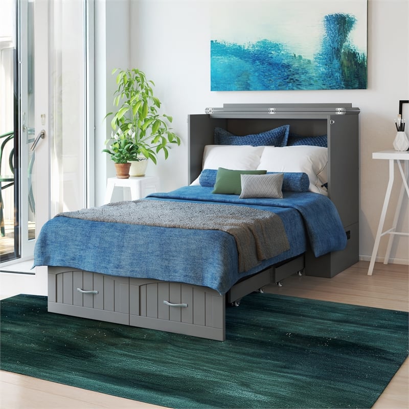 Southampton Twin XL Wood Murphy Bed Chest w/ Mattress & Built-in Charger in Gray