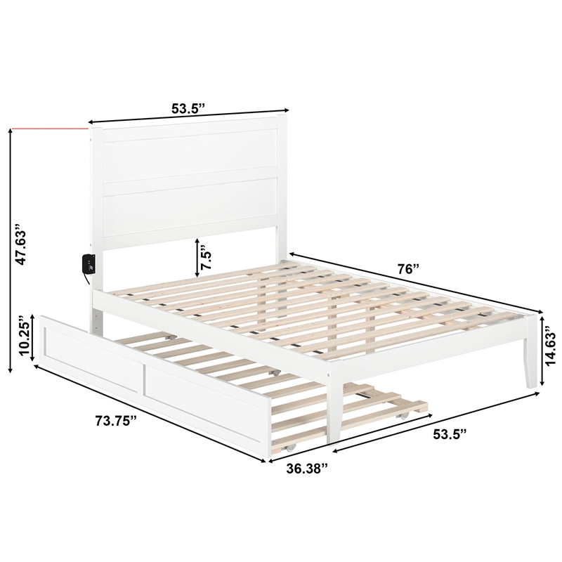 AFI NoHo Solid Wood Full Bed with Twin Trundle with USB Charger in White