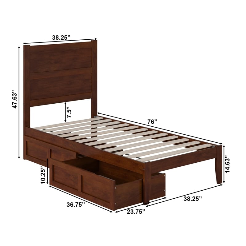 AFI NoHo Modern Solid Wood Twin Bed with 2 Storage Drawers in Walnut