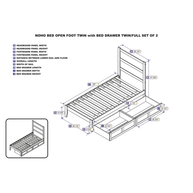 AFI NoHo Solid Wood Twin Bed with 2 Drawers in Grey