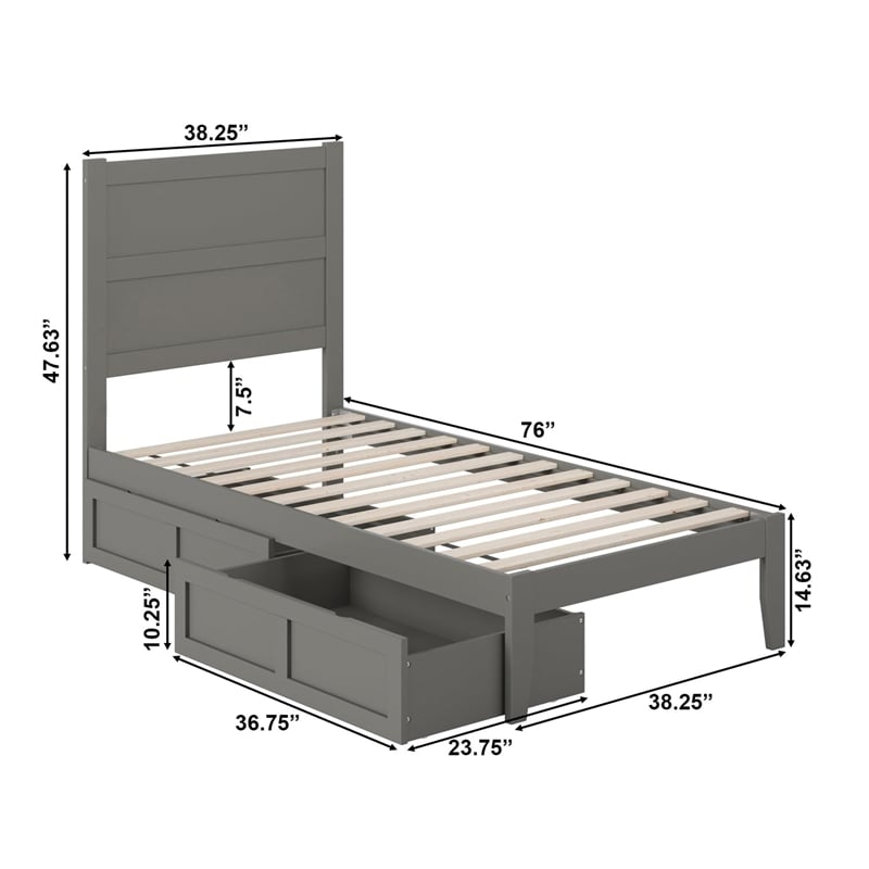 AFI NoHo Solid Wood Twin Bed with 2 Drawers in Grey