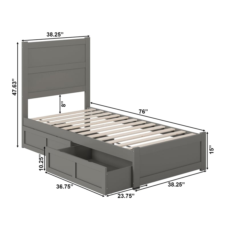AFI NoHo Wood Twin Bed with Footboard and 2 Drawers in Grey