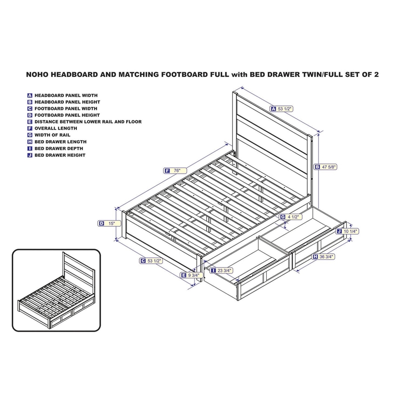 AFI NoHo Wood Full Bed with Footboard and 2 Drawers in Grey
