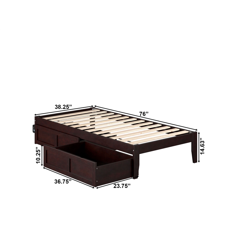 AFI Colorado Modern Wood Twin Bed with 2 Drawers in Espresso