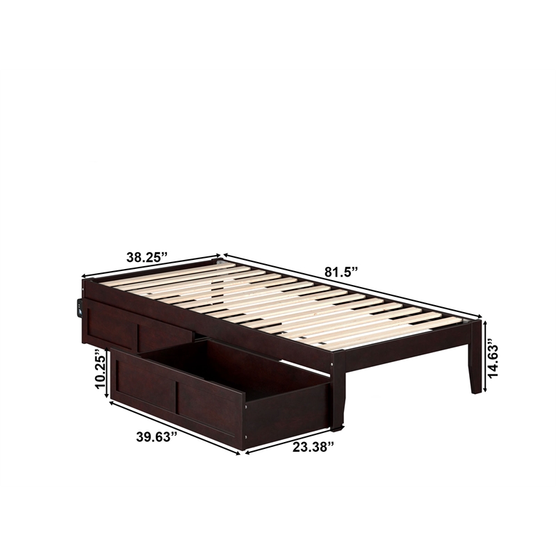 AFI Colorado Wood Twin Extra Long Bed with 2 Drawers in Espresso