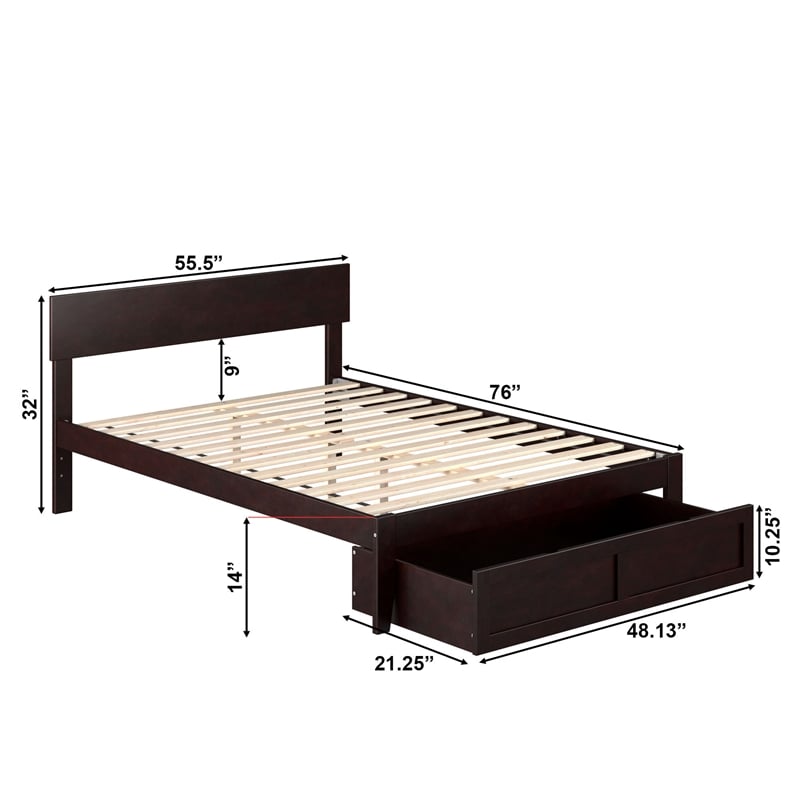 AFI Boston Modern Wood Full Bed with Foot Drawer in Espresso