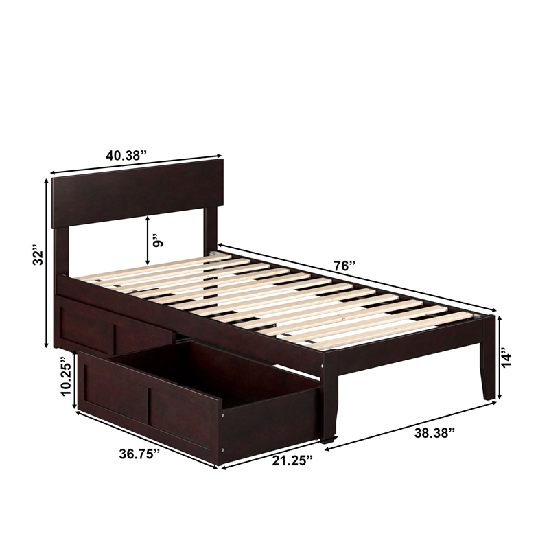 AFI Boston Modern Solid Wood Twin Bed with 2 Storage Drawers in Espresso