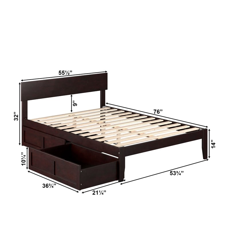 AFI Boston Modern Solid Wood Full Bed with 2 Drawers in Espresso