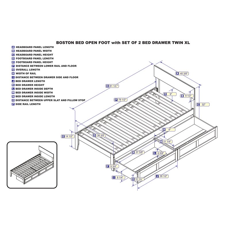 AFI Boston Wood Twin Extra Long Bed with 2 Drawers in Espresso