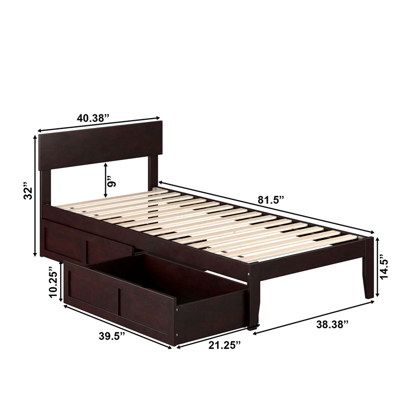 AFI Boston Wood Twin Extra Long Bed with 2 Drawers in Espresso