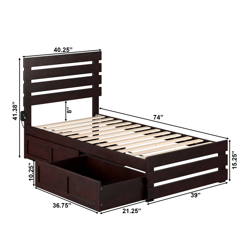 AFI Oxford Wood Twin Bed with Footboard and 2 Drawers in Espresso