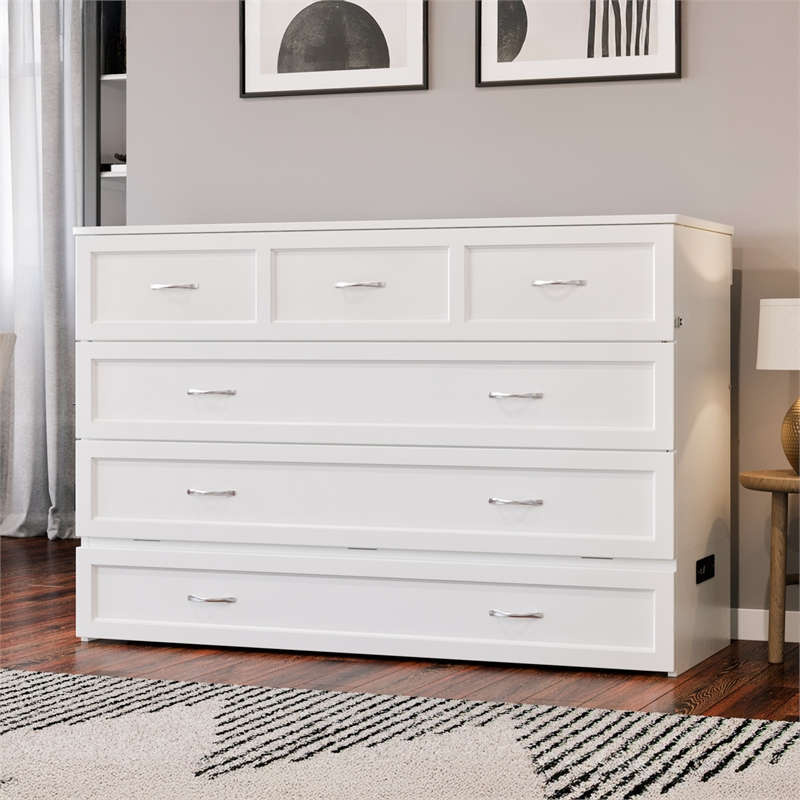 Northfield Queen Solid Wood Modern Murphy Bed Chest with Mattress in White