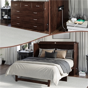 Northfield Queen Solid Wood Modern Murphy Bed Chest with Mattress in Burnt Amber