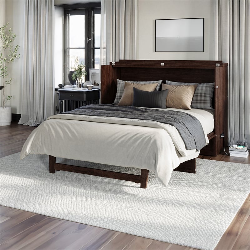 Northfield Queen Solid Wood Modern Murphy Bed Chest with Mattress in Burnt Amber
