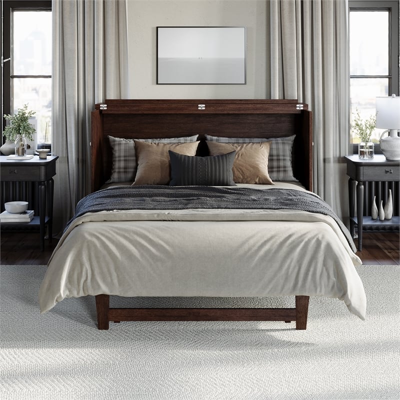 Northfield Queen Solid Wood Modern Murphy Bed Chest with Mattress in Burnt Amber