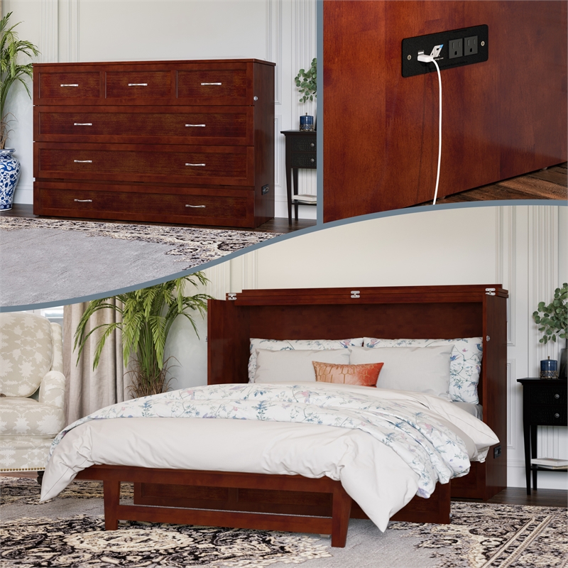 Northfield Queen Solid Wood Modern Murphy Bed Chest with Mattress  in Walnut